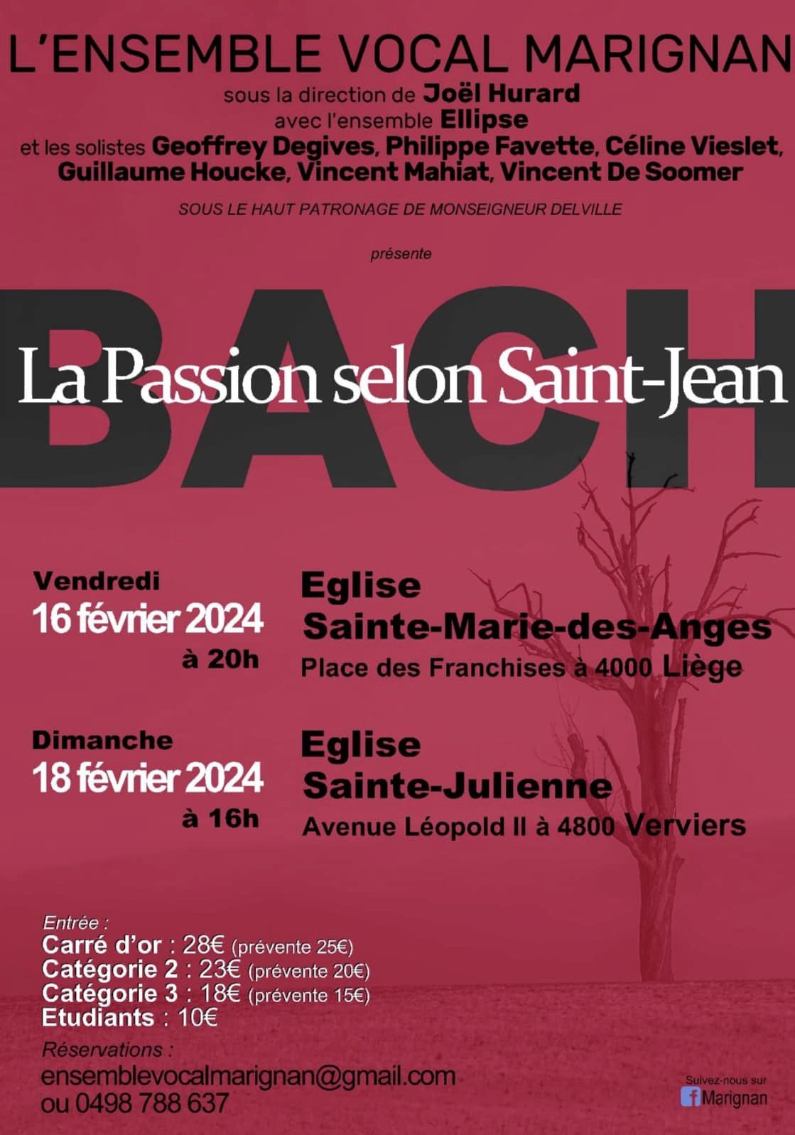 Affiche du concert "Bach - La Passion selon Saint-Jean" par l'Ensemble Marignan à Verviers, Sainte-Julienne 2024