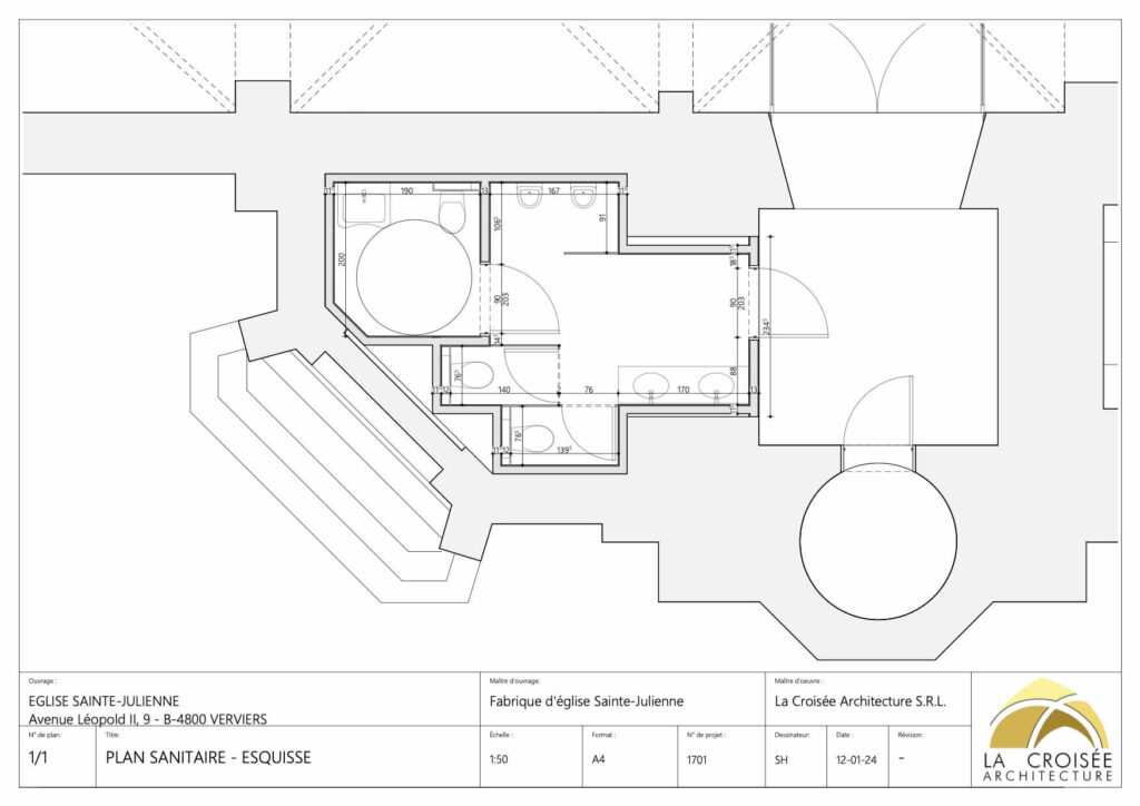 Plan d'implantation des sanitaires dans l'église Sainte-Julienne à Verviers