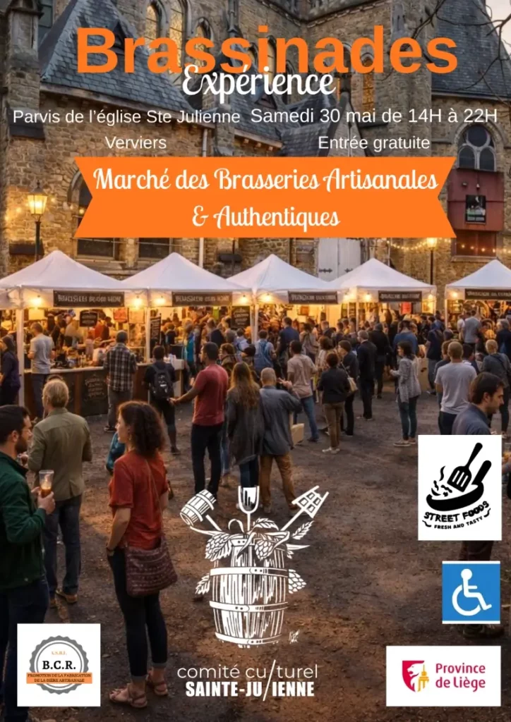 Affiche des Brassinades Expérience, marché des brasseries artisanales. Une foule de visiteurs déambule devant les tonnelles des exposants dans une ambiance festive.