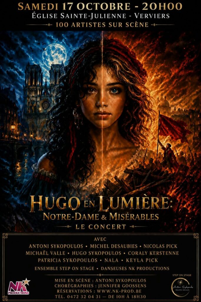 Affiche du concert-spectacle "Hugo en Lumière (Notre-Dame & Misérables)" On y voit le visage d'une jeune fille. Moitié droite en bleu, la nuit avec la Cathédrale Notre-Dame de Paris devant la lune en arrière fond. Moitié gauche, du rouge, du feux, des ruines : une révolution.
